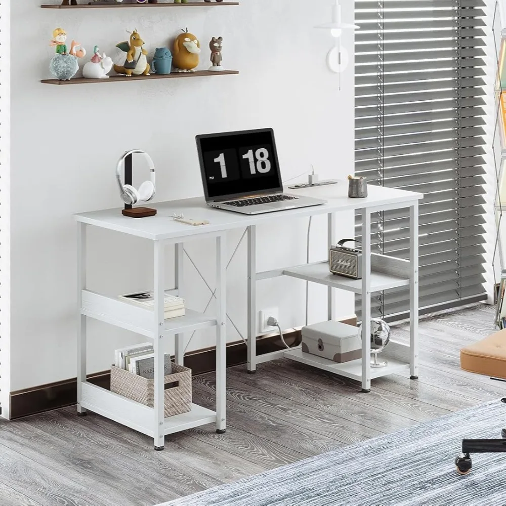 

Campus Desk, 40 Inch Small Writing Desk, Computer Desk with Power Socket and USB Charging Port, Office with Storage Rack, White