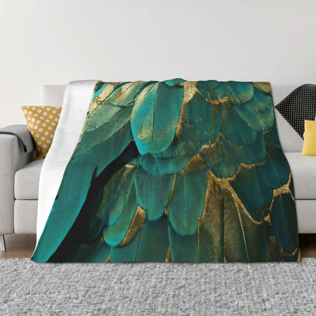 

Feather Glitter Teal and Gold Throw Blanket Decorative Throw Hairys blankets ands Sofa Throw Blankets