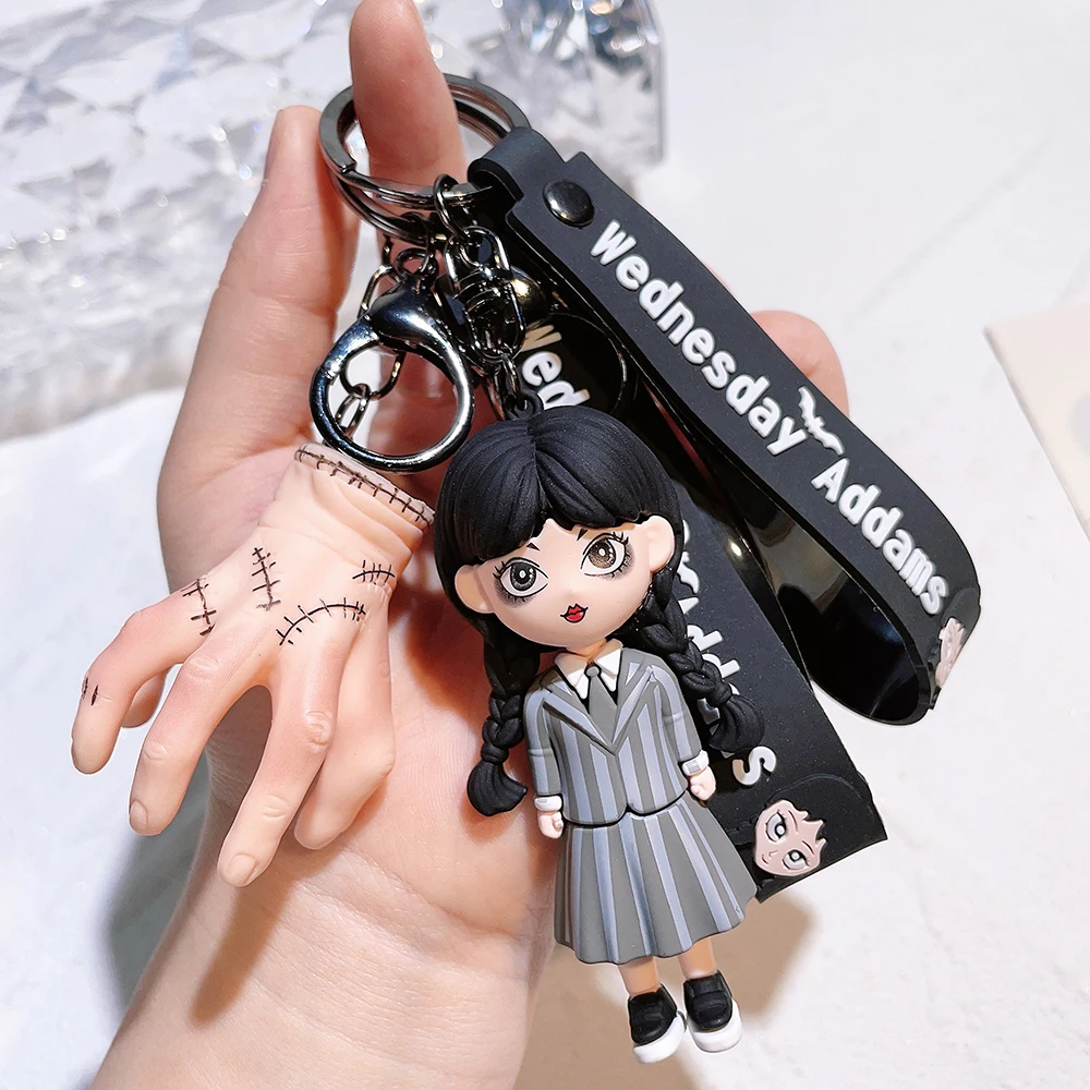 Horror Wednesday Addams Silicone Keychain Toy Thing Hand Home Decor Keychain Doll Schoolbag Pendant Halloween Toy Costume Props