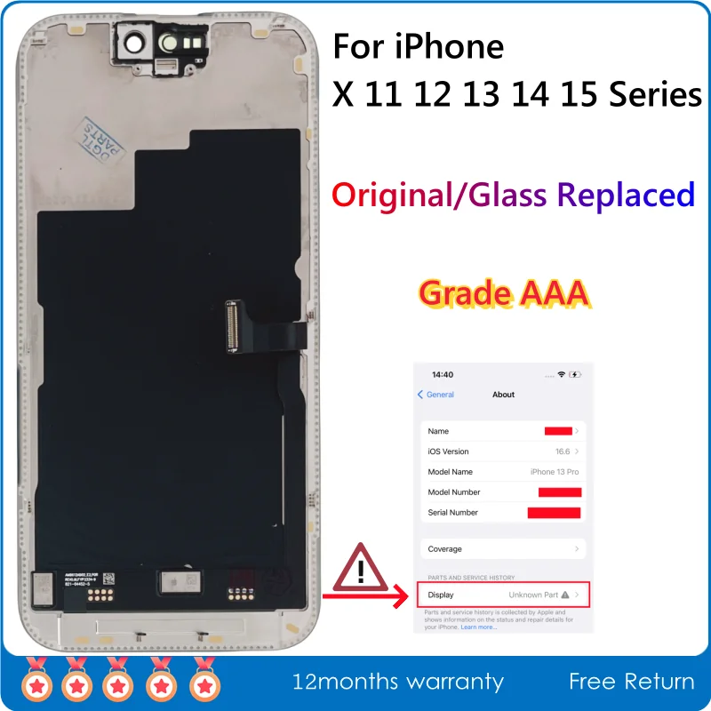 

AAA Official Original Changed Glass Screen For iPhone 11 12mini 13 14 Plus 15 Pro Max LCD Display Assembly Glass Replaced Tested