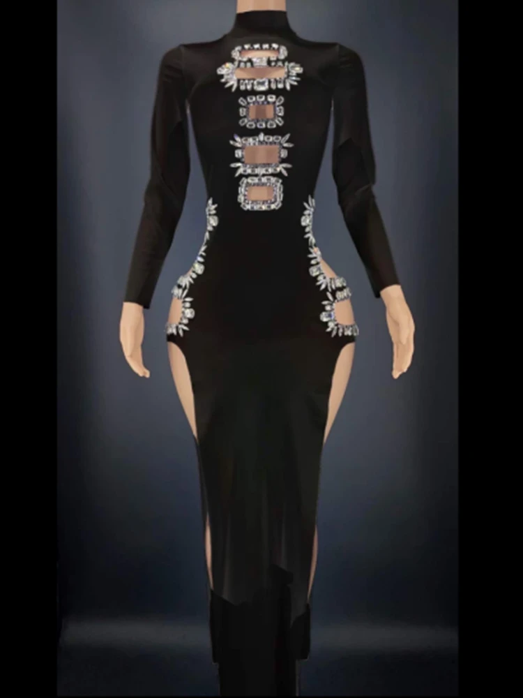 Robe Sexy à fente haute pour femmes, tenue de soirée, de bal, de scène, avec strass brillants, ajourée, multicolore