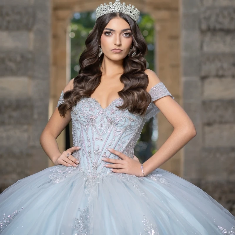 

Sky Blue Ball Gown Quinceanera Dresses Sequin Applique Lace Beading Crystal Bow Tull Corset Off Shoulder Sweet 16 Dress vestidos