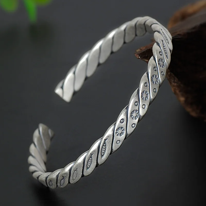 BOCAI S999 Sterling Silver Bracelets Fish Totem Weaven Twist Opening Solide Bangle Argentum Fashion Charm Jewelry for Men Women