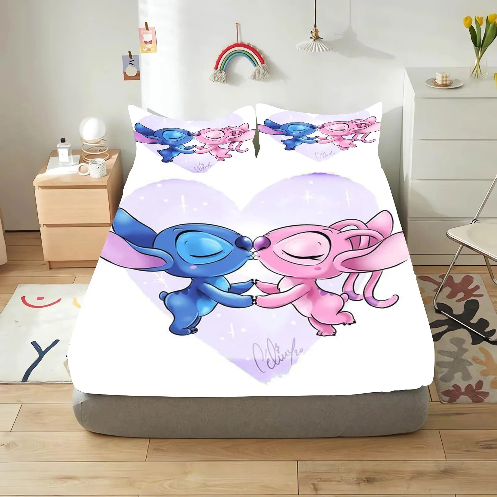 Stitch Bedding Set,Disney Cartoon Fitted Sheet 3pcs Printed With Pillowcase,Suitable For Girls Boys Adults birthday gift