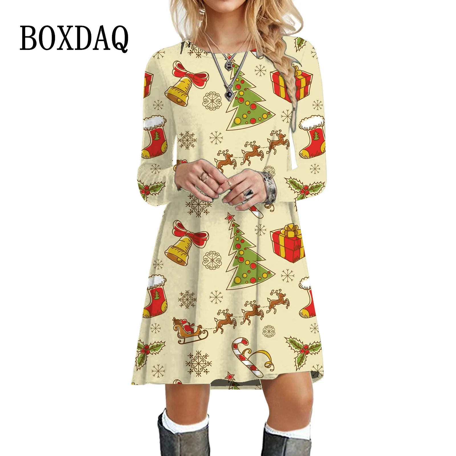 Christmas Tree Dress Cartoon Elk Snowflake Print Women Clothing Autumn 2024 Long Sleeve Kawaii Dress Casual Winter Party Dresses