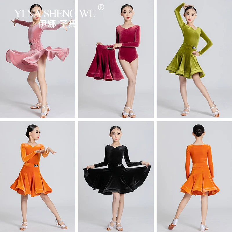 

Бархатное платье для латинских танцев с v-образным вырезом, детское платье для соревнований по латинским танцам, ча-ча-румба, танго, тренировочный костюм, бархатное платье с длинными рукавами