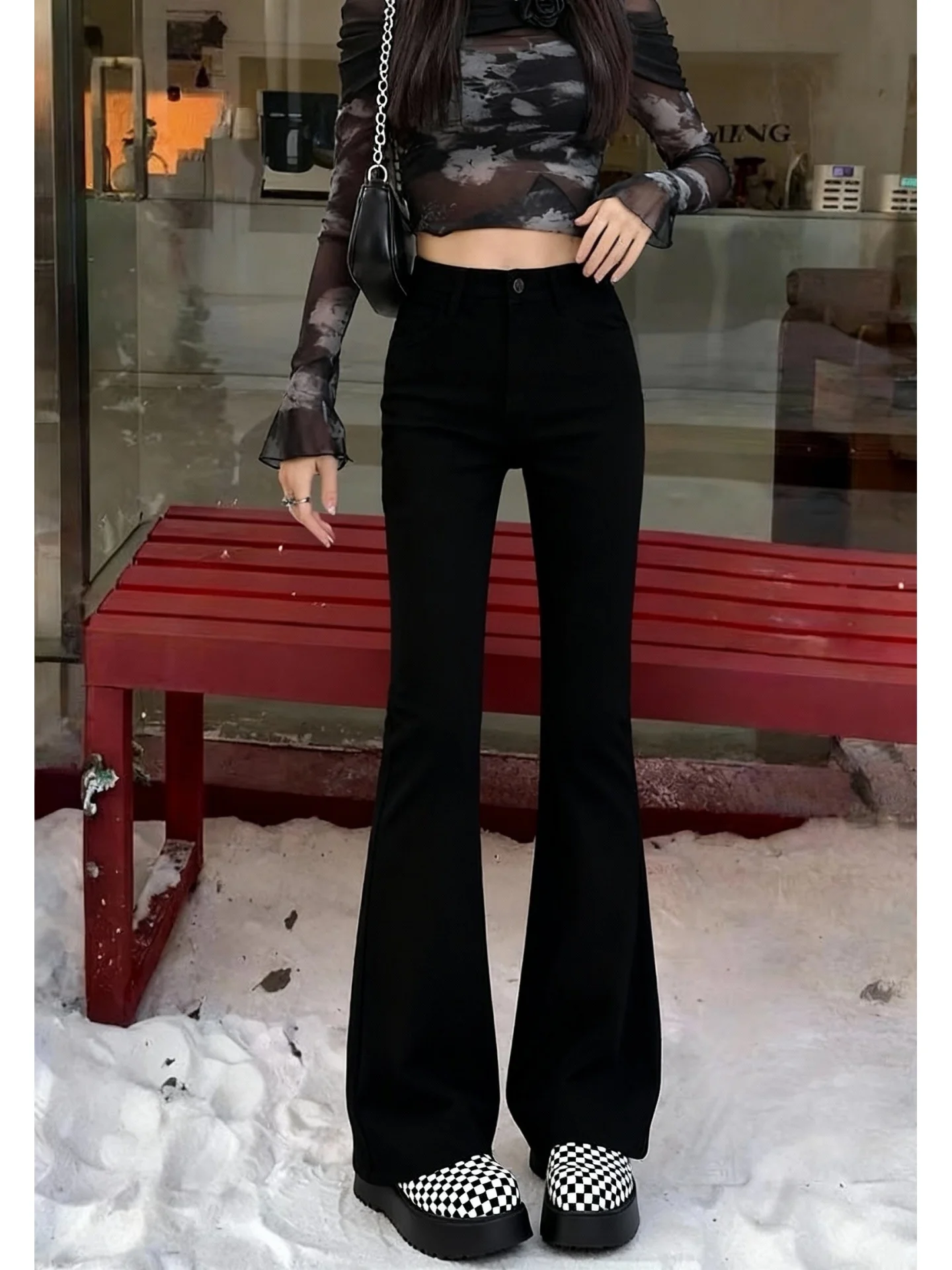 

High Waist Flared Jeans Women's Fce Lined Thi Straight Leg Slimming Elastic Bell Bot Casual Comfortable Stretch Denim