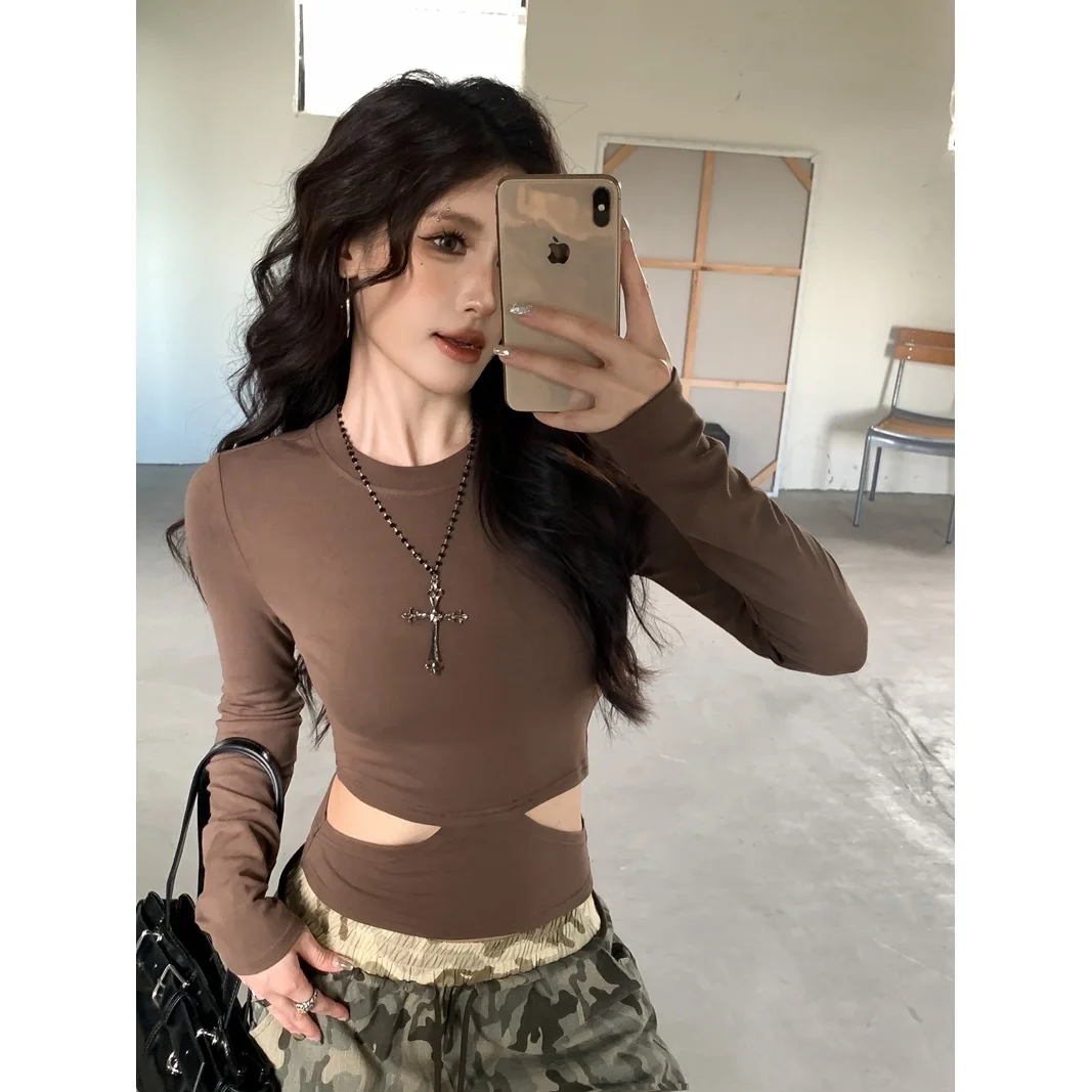 

2026 Crew Neck Hollow Skinny Long Sleeve T-Shirt Waist Slim Skinny Top Women