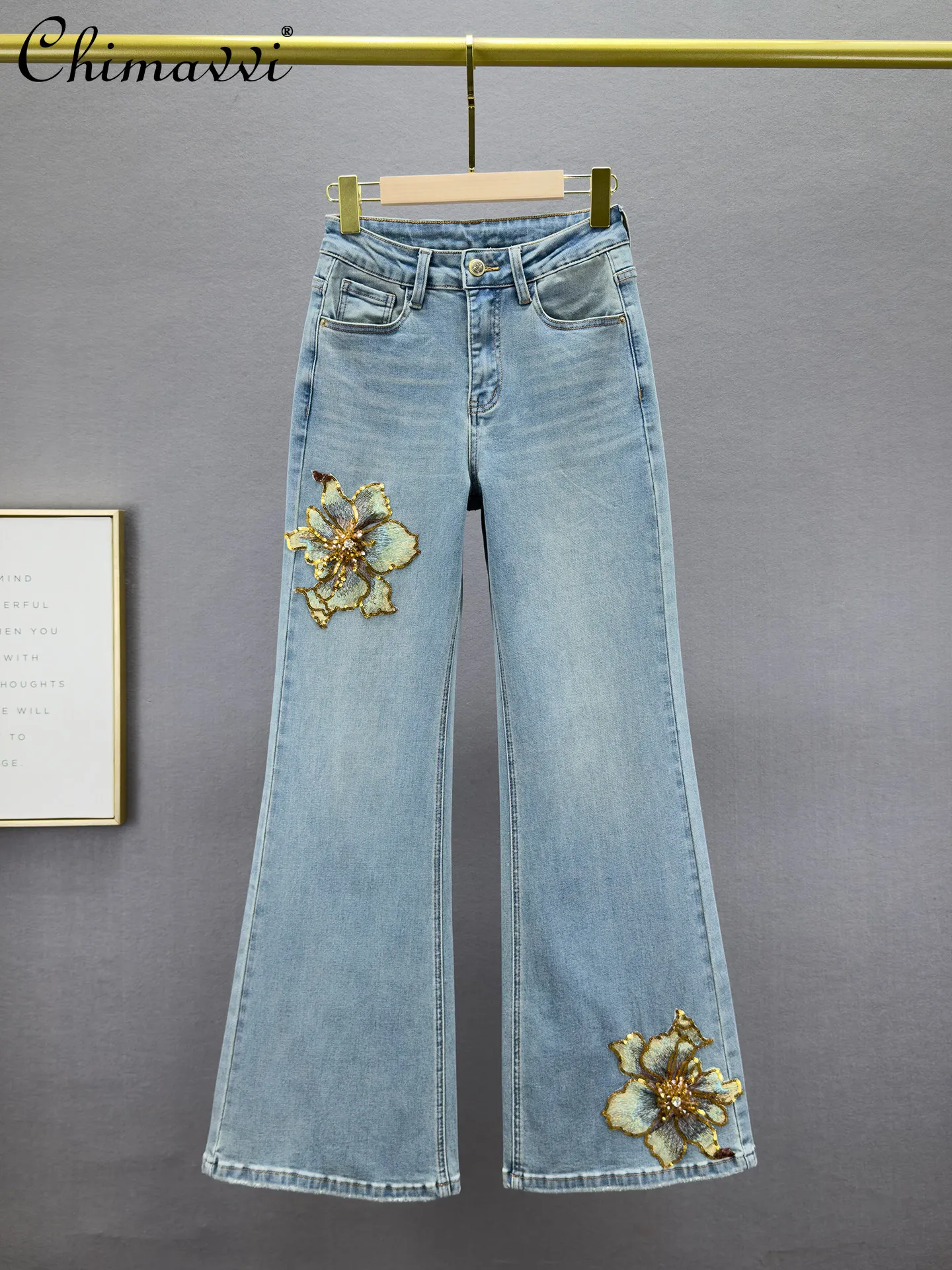 

Fashion Sequin Jeans Women's 2026 Spring Summer Clothes New High Waist Slimming Retro Distressed Flower Micro-flared Pants