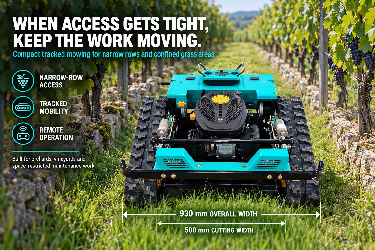 Remote Electric Starting 4-Stroke Industrial Radio Control Slope Lawn Mower with Rubber Tracks Grass Mowing Machine