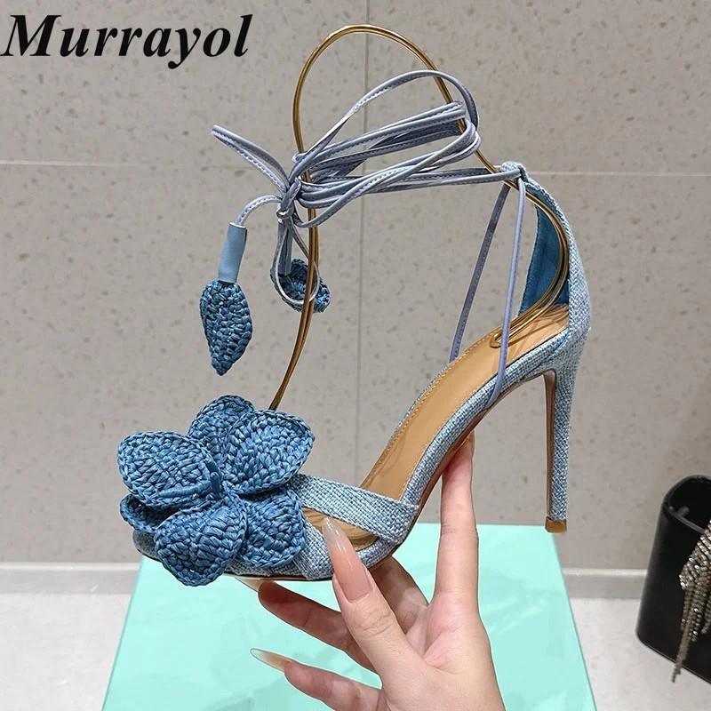 Sandals Women Woven Flower Decor Ankle Strap Sandalias Mujer Lace Up Thin High Heels Elegant Summer Party Evening Banquet Shoes