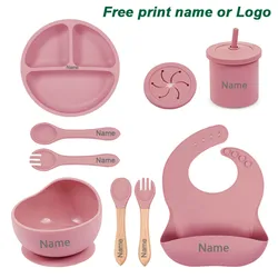 8PCS/Set Baby Silicone Sucker Bowl Plate Cup Bibs Spoon Fork Set Personalized Name Round Dining Plate Kids Feeding Dish BPA Free