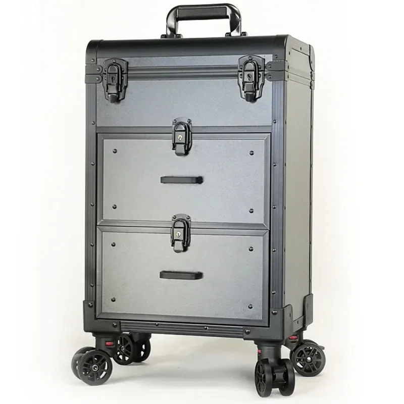 220V NEW Aluminum Alloy Professional Makeup Box Trolley With Makeup Artist Portable Large-capacity Lock Embroidery Beauty Hair T