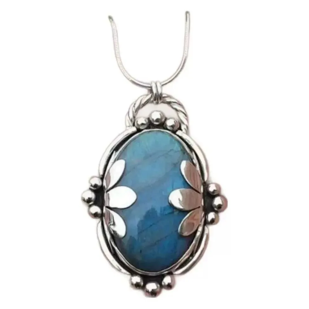 Fashion Bohemian Art Style Natural Stone Pendant Necklace, Smooth Blue Oval Stone Sweater Chain, Novelty Party Gift for Adults