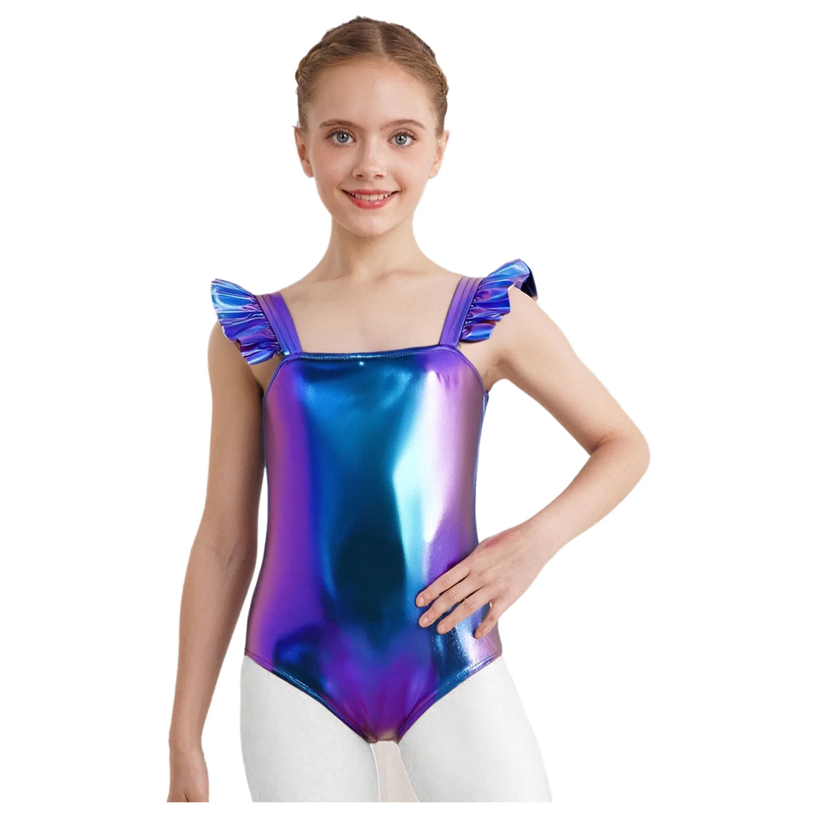 Mädchen Metallic Shiny Gymnastik Trikot Ballett Tank Unitard Body Ärmellos Tanz Overall Eiskunstlauf Performance Kostüm