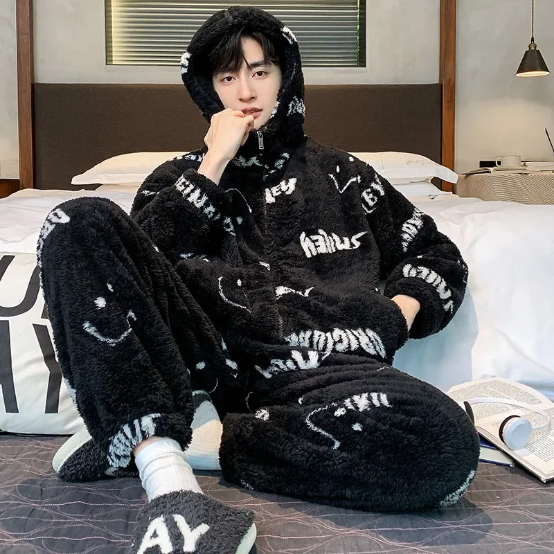 Men's Pajamas Autumn Winter Thick Coral Velvet Loungewear Youth Warmth Zipper Hooded Home Clothing Black Letter Set Sleepwear