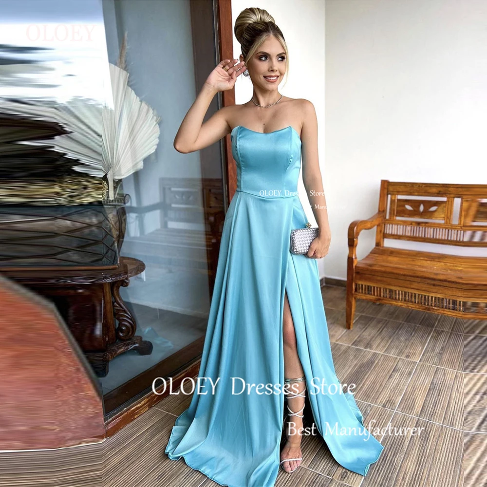 

OLOEY Simple Sky Blue Satin Long Evening Dresses Strapless Split Arabic Women Prom Gowns Plus Size Wedding Guest Bridesmaid