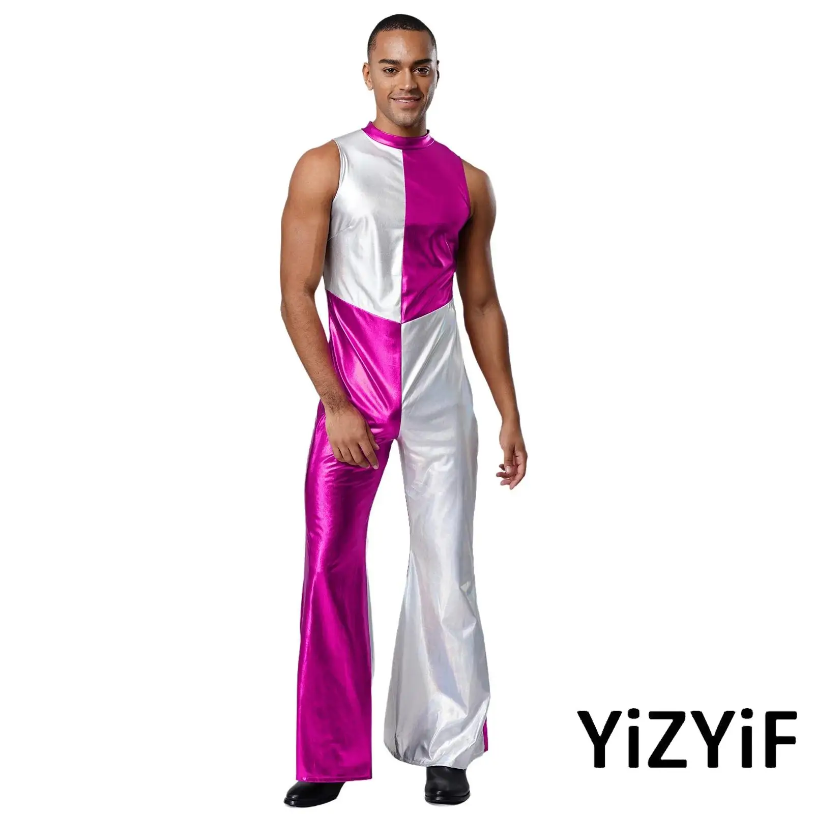 

Radiant Disco Jumpsuit for Men with Metallic Contrast Panels And Flared Bell Bottoms for 70s Music Festival Theme Parties Romper