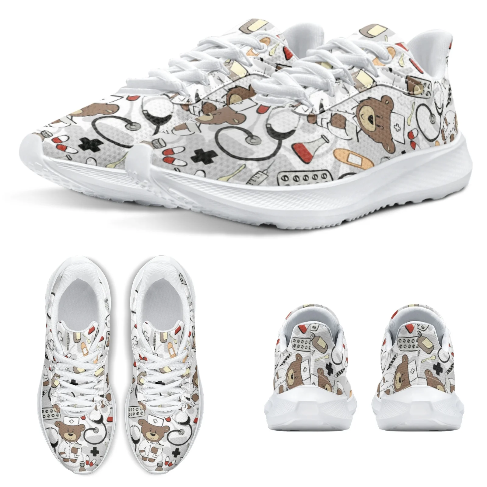 INSTANTARTS Women's Running Shoes Cartoon Nurse Bear White Lace Up Shoes Nursing Footwear Females Spring Loafers Zapatos Mujer