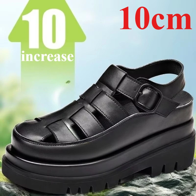 Summer Roman Sandals for Men's 10cm Elevated Shoes Genuine Leather British Casual Sandals Comfortable Thick Platform Beach Shoes