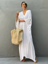 Boho Sexy Swimwear Cover Up Long Dress Rayon Solid Color Beach Wear Tunic Kaftans Kimono Women Clothing Summer Swimsuit 2023 New