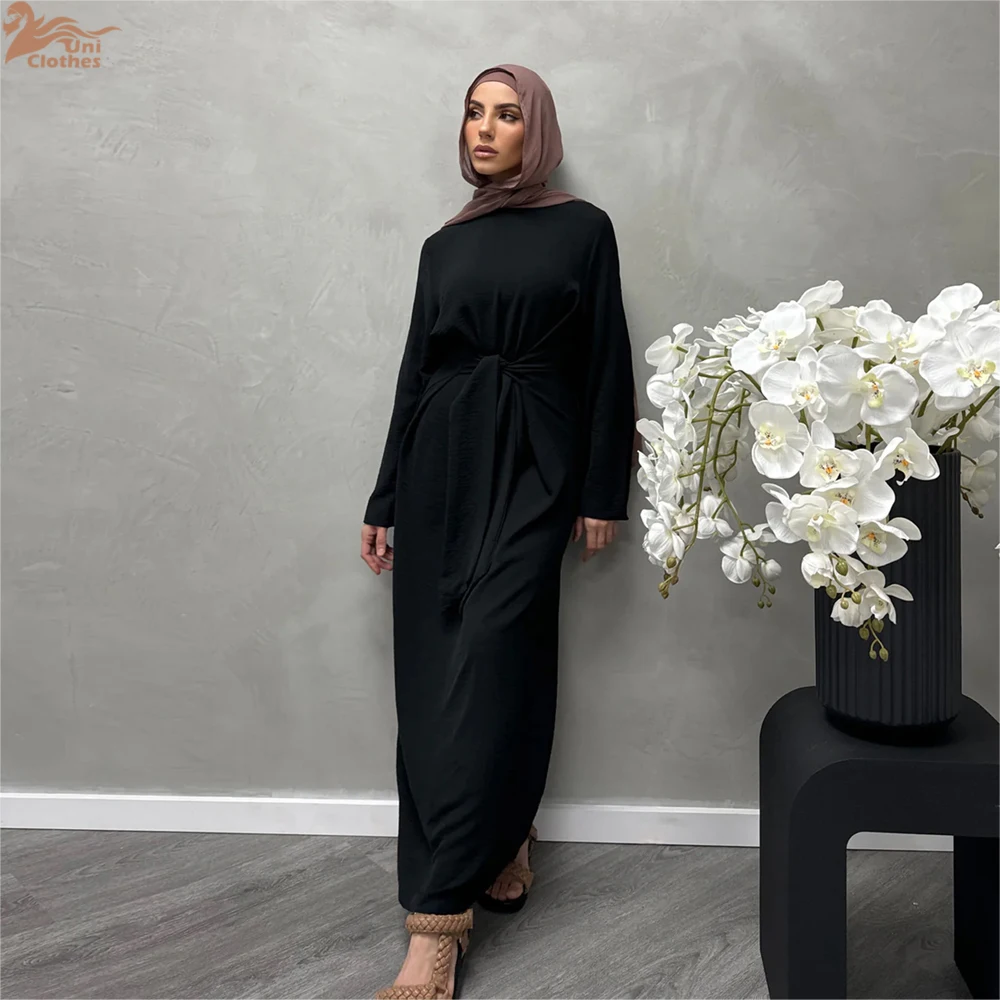 Uni Fashion Dubai Abaya Muslim Woman Kaftan With Belt Square Collar Moroccan Saudi Long Dress Elegant Robe Clothing 2024