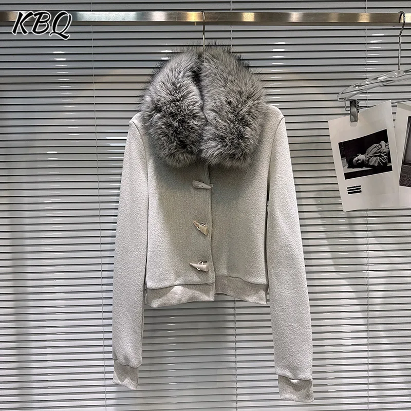 

KBQ Solid Spliced Horn Button Loose Light Luxury Coats for Women Wool Collar Long Sleeve Knitting Sweater Jacket Winter Fashion