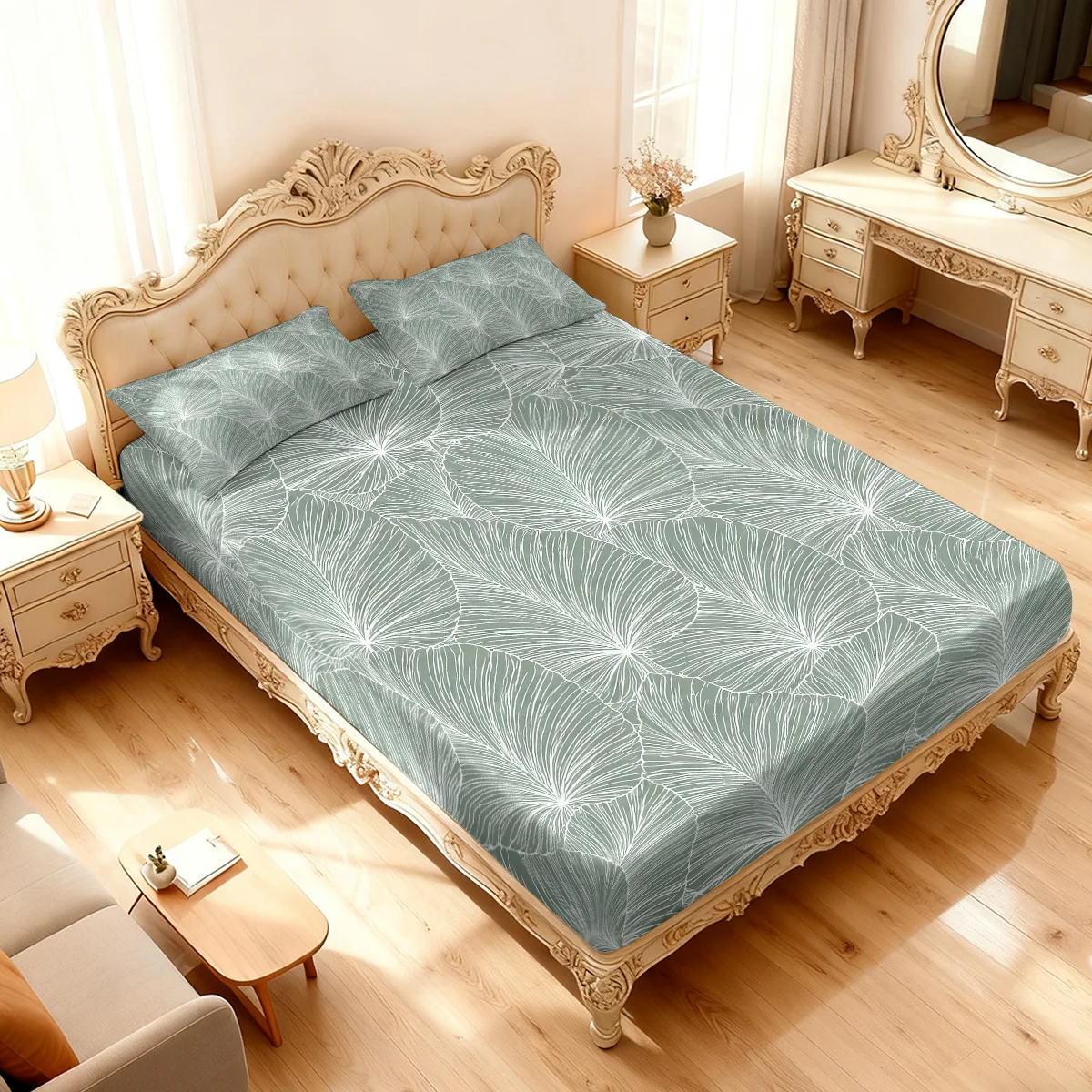 3pcs Green Plant Leaf Printed Coreless Bed Sheet Set With Multiple Sizes Soft Bed Covers Bedroom Bedding Decorations, Washable
