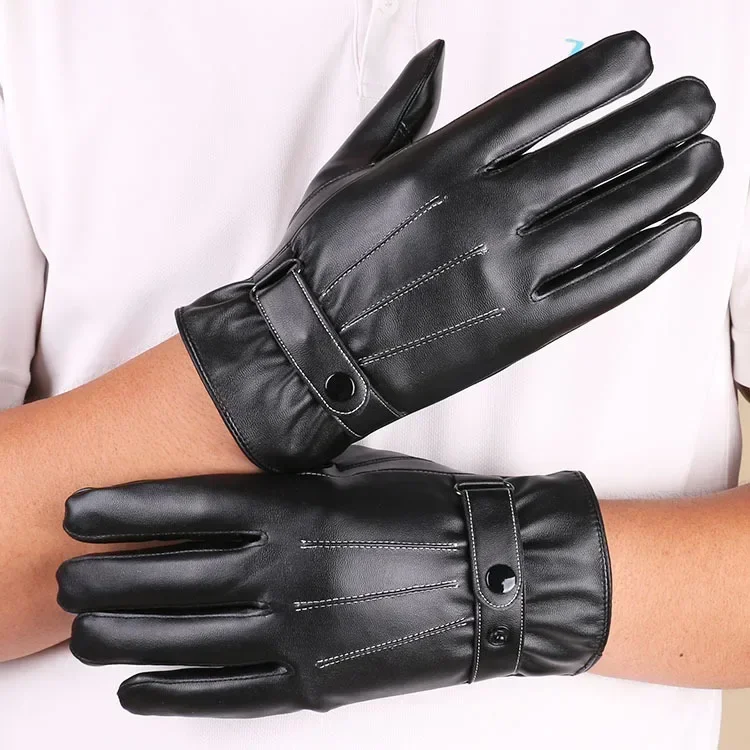 

2024 Autumn and Winter Men's Warm Gloves Washed Leather PU Plus Fleece Outdoor Riding Touch Screen Leather Gloves