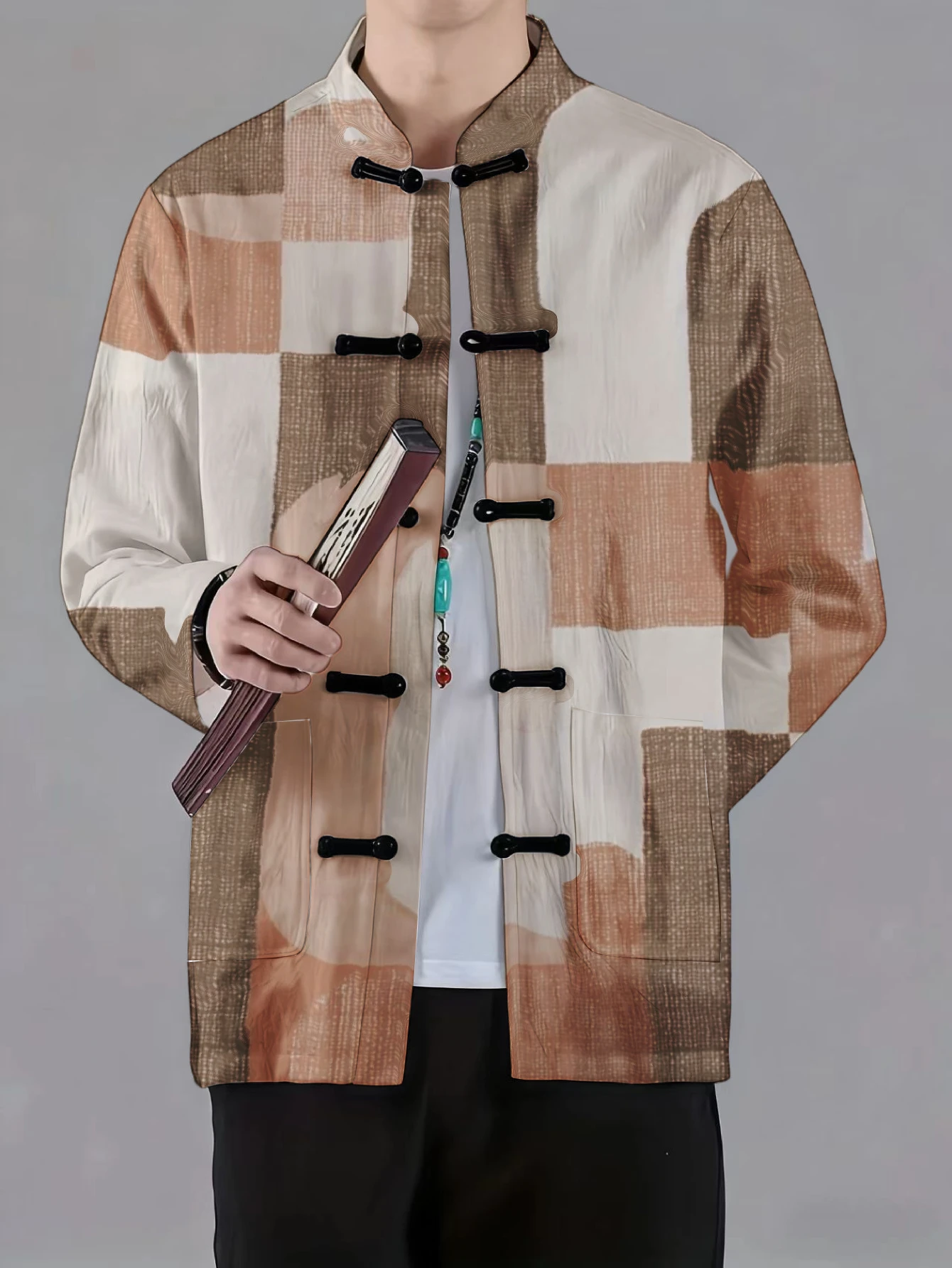 Men Mandarin Collar Frog Button Jacket Patchwork Tie Dye Abstract Ethnic Print Traditional Outerwear