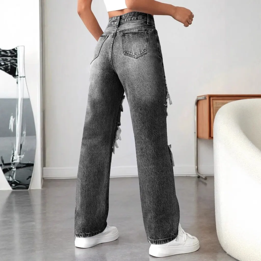 

Women's Casual Wide Leg Denim Pants with Pocket Hole Loose Fit Style for European And American Markets