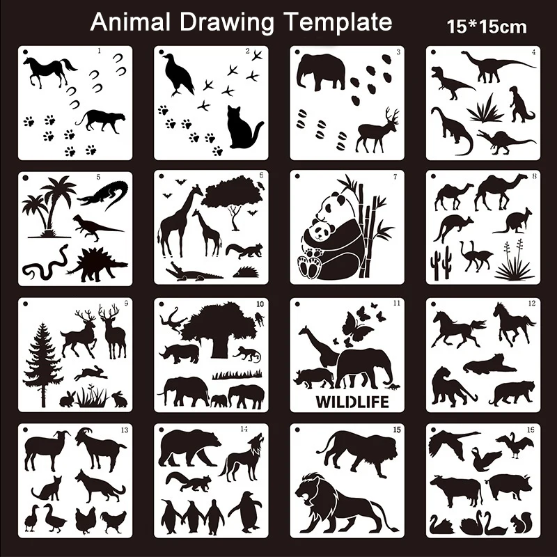 16pcs Animal Stencil Template for Painting Reusable Stencil Panda Tiger Template DIY Christmas Stencils on Wood Wall Home Decor