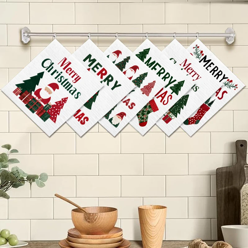 6 قطعة شجرة عيد الميلاد أطباق المطبخ غسل تنظيف طبق القماش قابلة لإعادة الاستخدام غسل سوبر ماصة الخرق المنزل مسح منشفة الملابس