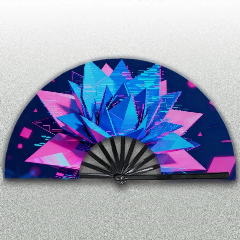 1pc of a Handheld Fan for Men, Featuring a 3D Geometric Design in Blue And Pink, Made From.This Foldable Shiny Fan Embodies a Futuristic Cyberpunk Style, Perfect for Stage Performances, Parties, Cosplay Events, Clubs, Without Battery