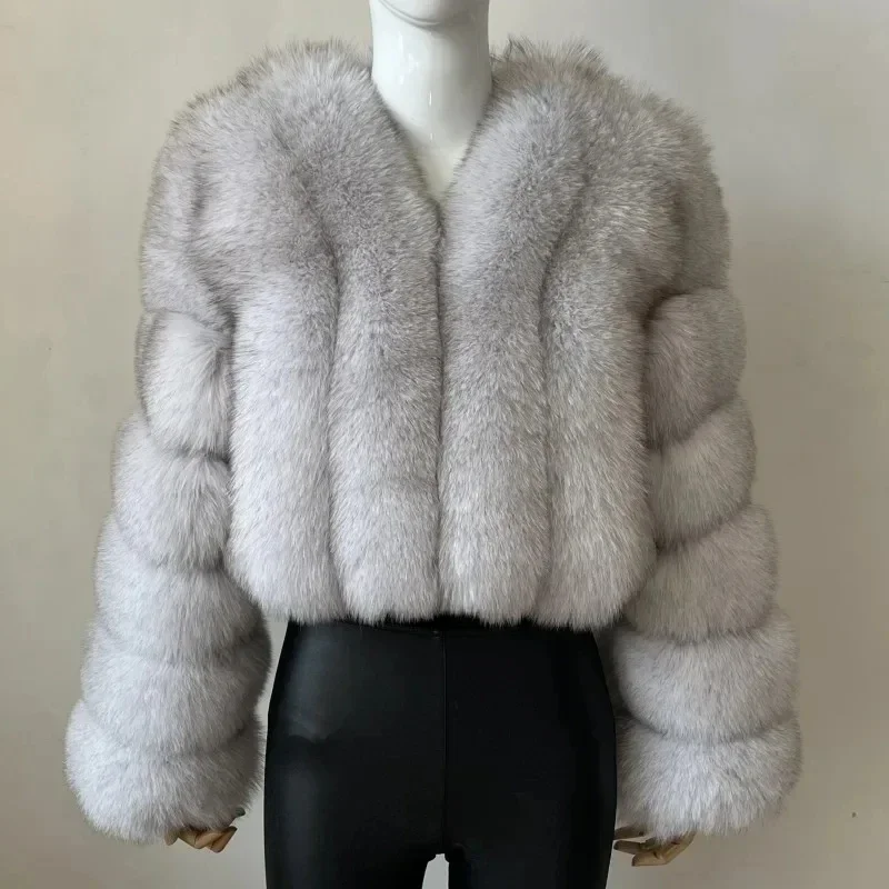 Abrigo de piel de zorro sintética con cuello en V para mujer, abrigo cálido de manga larga, chaqueta de piel de peluche de lujo, prendas de vestir elegantes, moda de invierno, nuevo, 2024