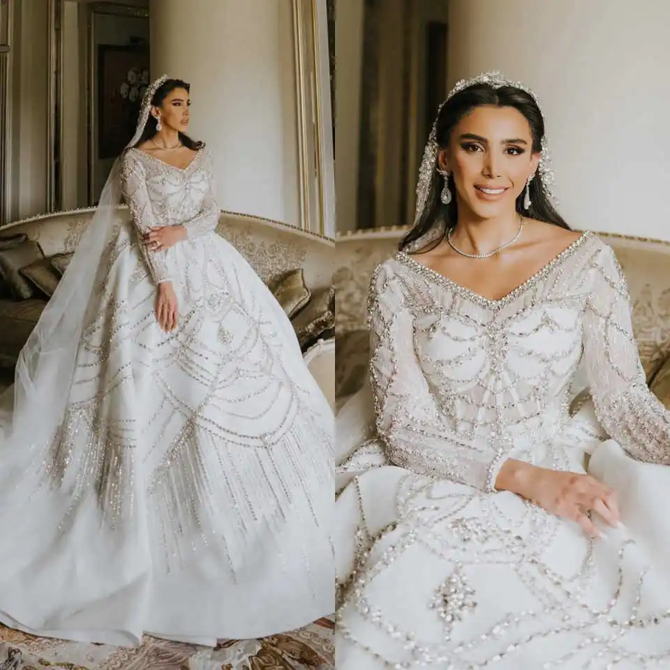 

Gorgeous Bridal Dress Sequins Crystal Wedding Gown V Neck Long Sleeves A Line Gown Court Train Customized Dresses