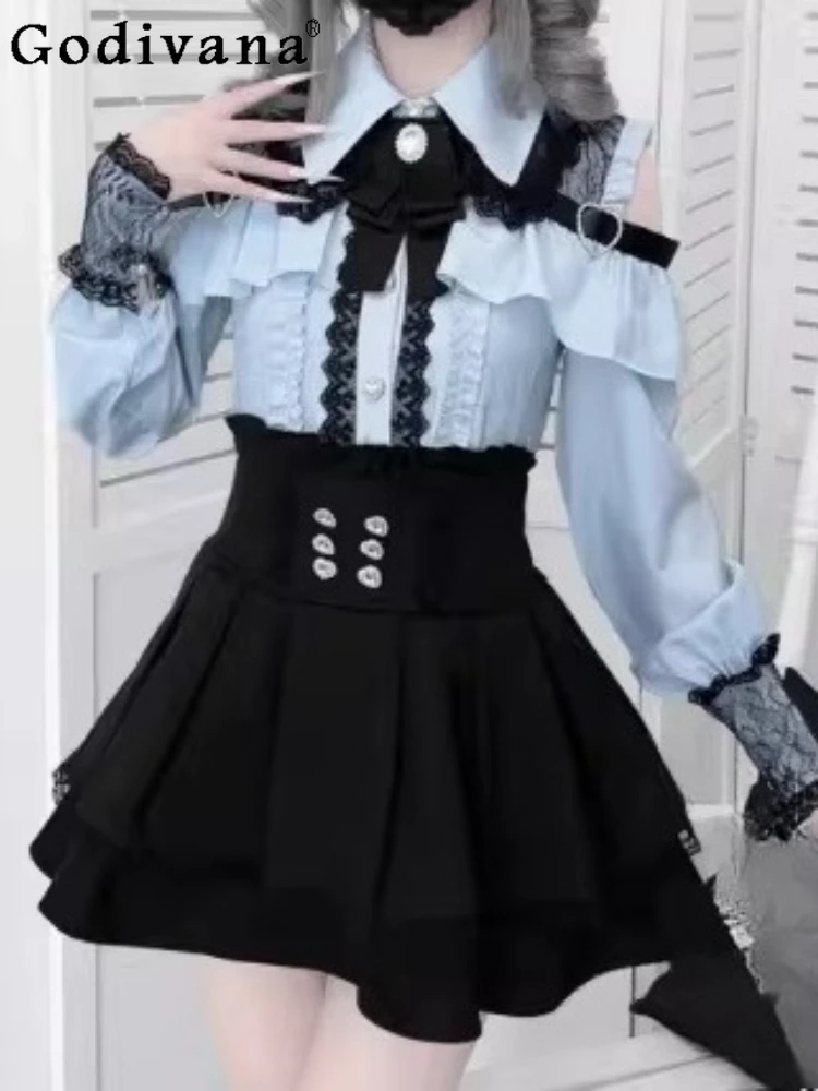 

Новая японская кружевная блузка с открытыми плечами и длинными рукавами, модная, с завышенной талией, А-силуэт, универсальная, омолаживающая, свободная короткая юбка