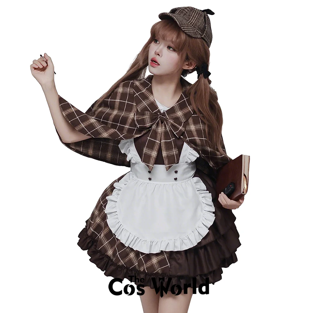 

S-5XL Japanese Lolita Detective Maid Apron Dress Servant Restaurant Work Uniform for Party & Comic Con Cosplay Costumes