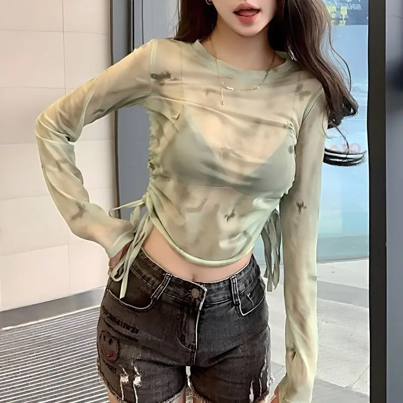 

Butterfly Print Mesh Top: Y2K Sheer Ruffle Sleeve Cover Up, Summer Cropped Blouse, Cute Sexy See-Through Sunshirt for Women