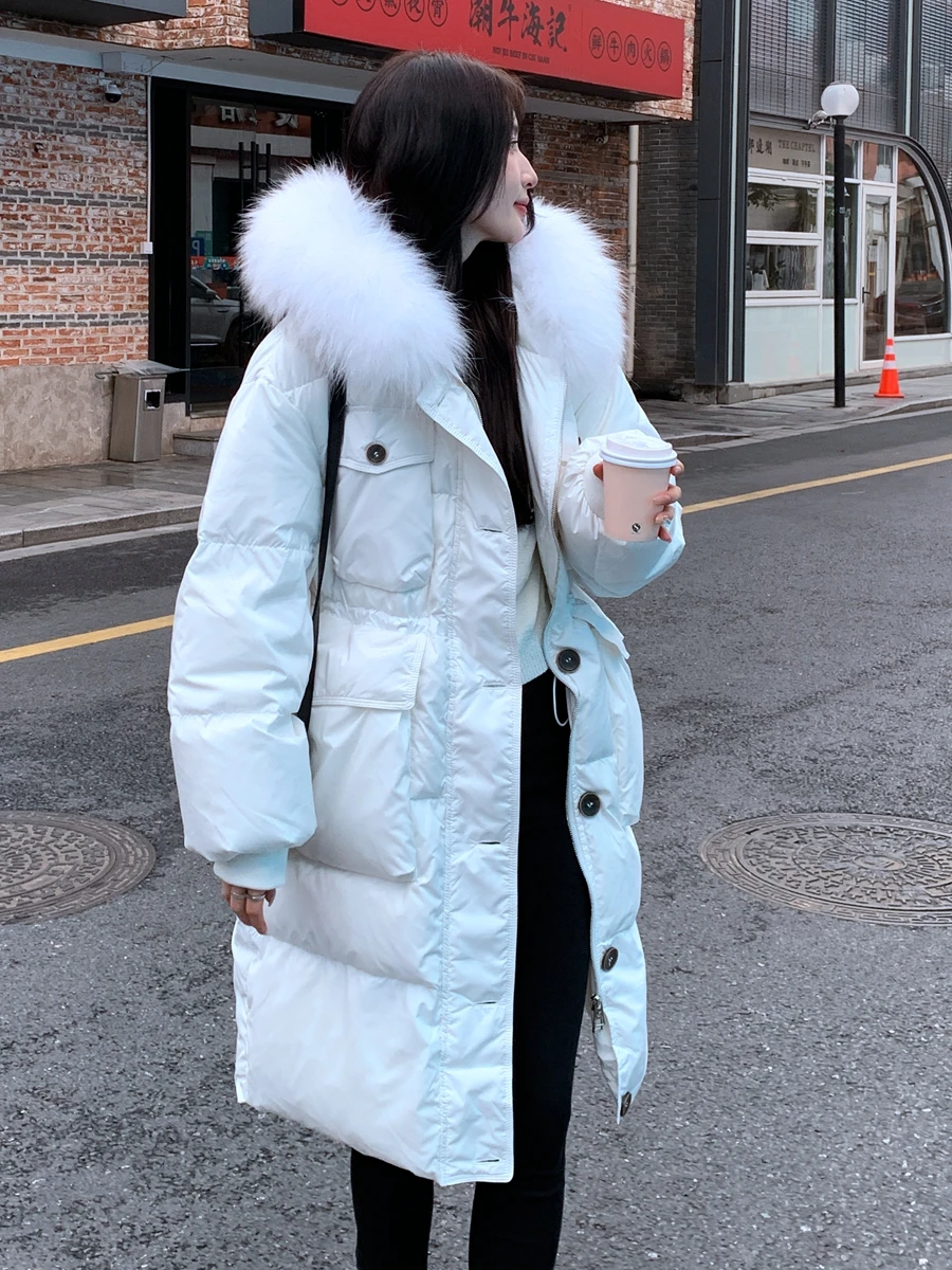 Women Big Fur Collar Hooded Long Down Jacket Winter 2023 New Single-Breasted Cinched Thicken White Duck Down Over-the-Knee Coat