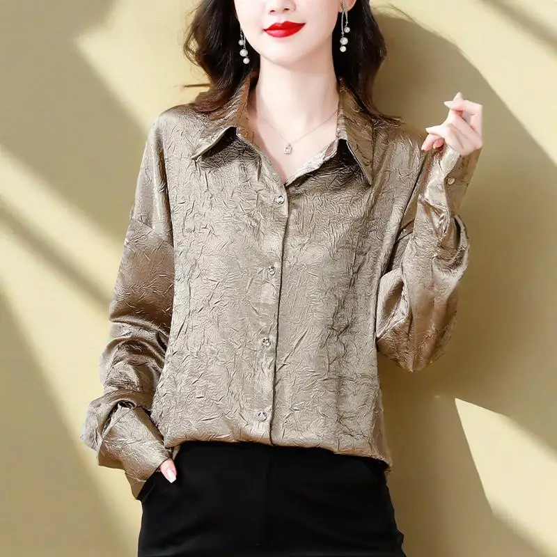 

Fashion Chic Folds Silk Shirts For Women Long Sleeve Korean Style Solid Satin Blouses Loose Basic Shirts Casual Tops Femme