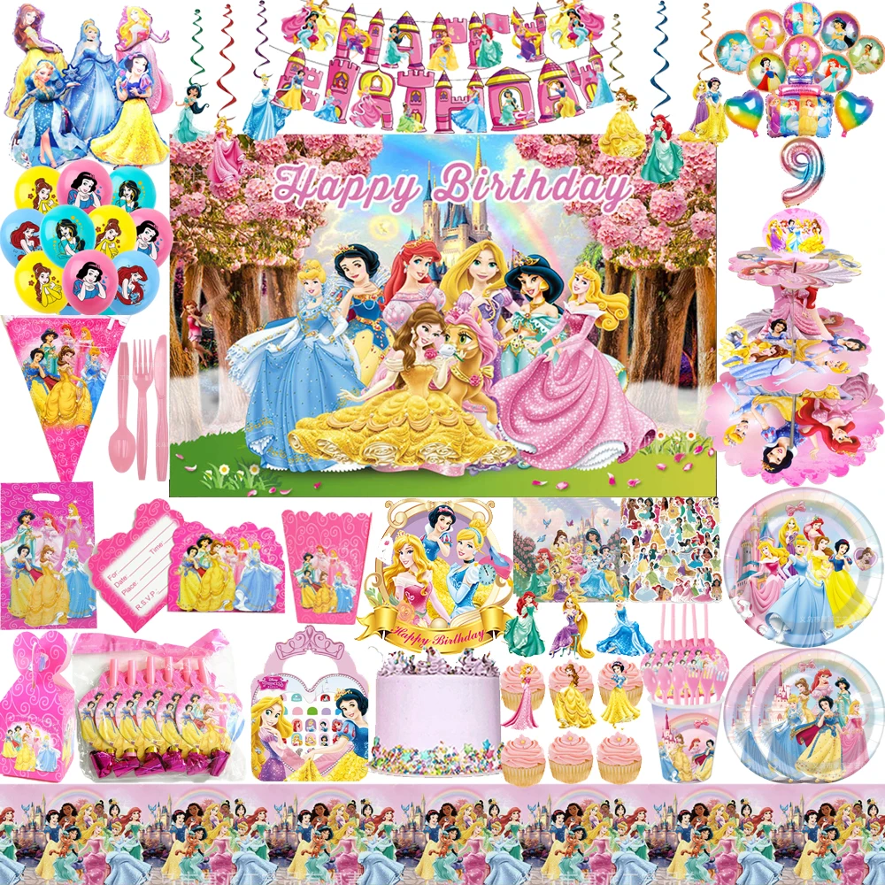 Disney Princess Theme Girl Birthday Party Decorations Disposable Tableware Paper Plate Cup Balloon For Kild Baby Shower Supplies