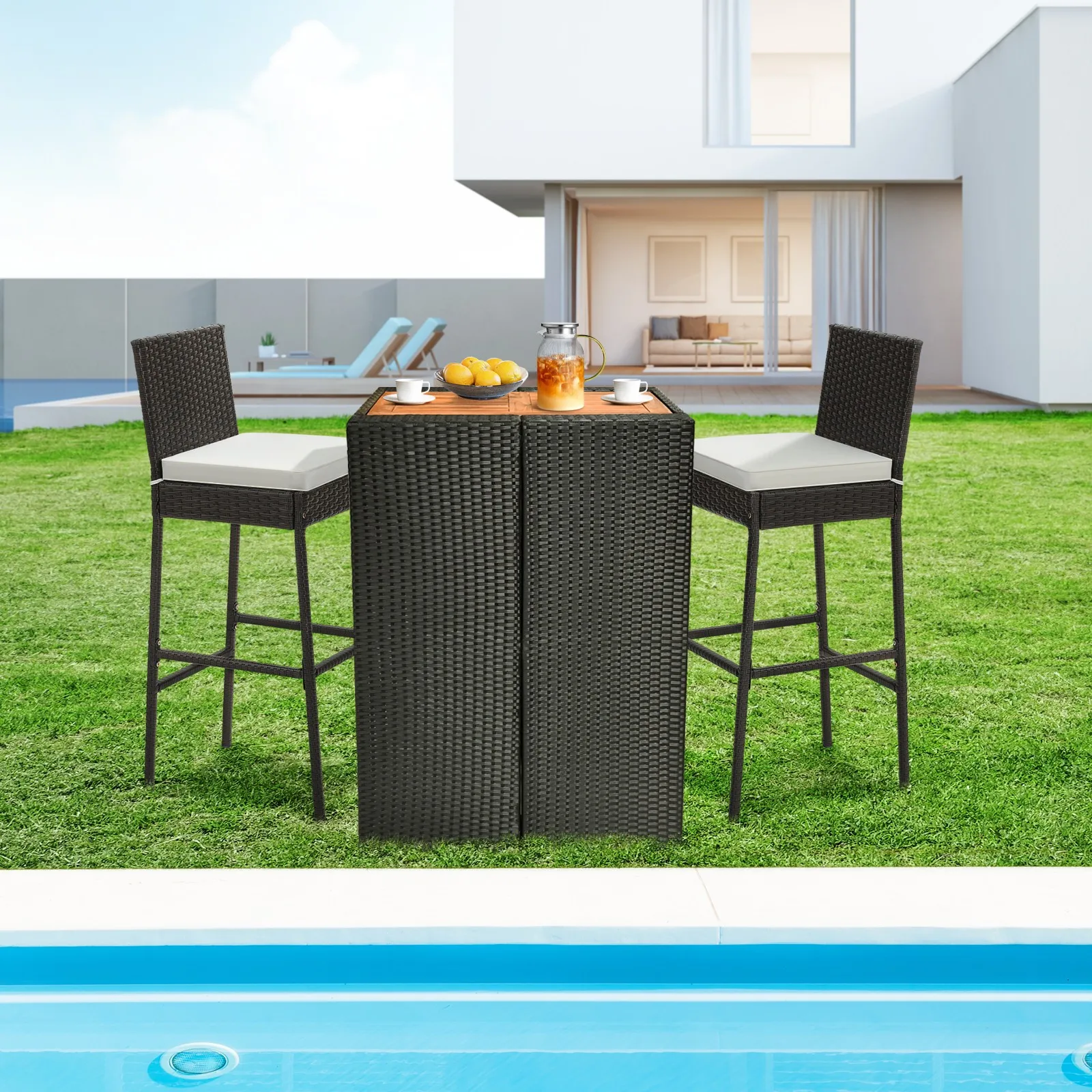 

4 PCS Wicker Barstools Bar Height Chairs W/ Cushions Backyard Off White