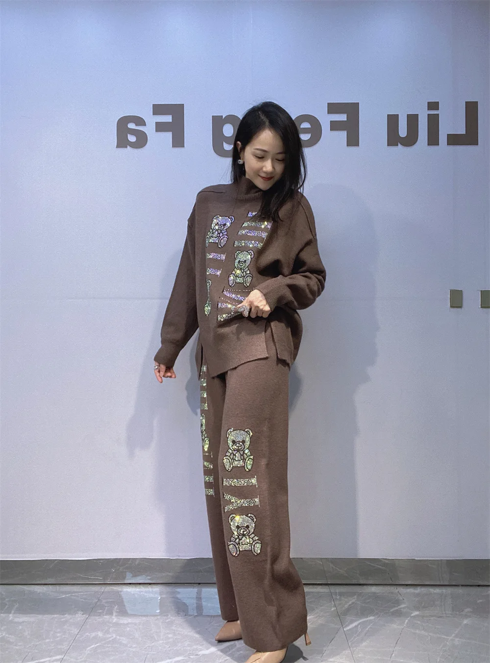 Ensemble tricoté européen et américain pour femmes, pull à col haut + pantalon à jambes larges, ensemble deux pièces, automne hiver