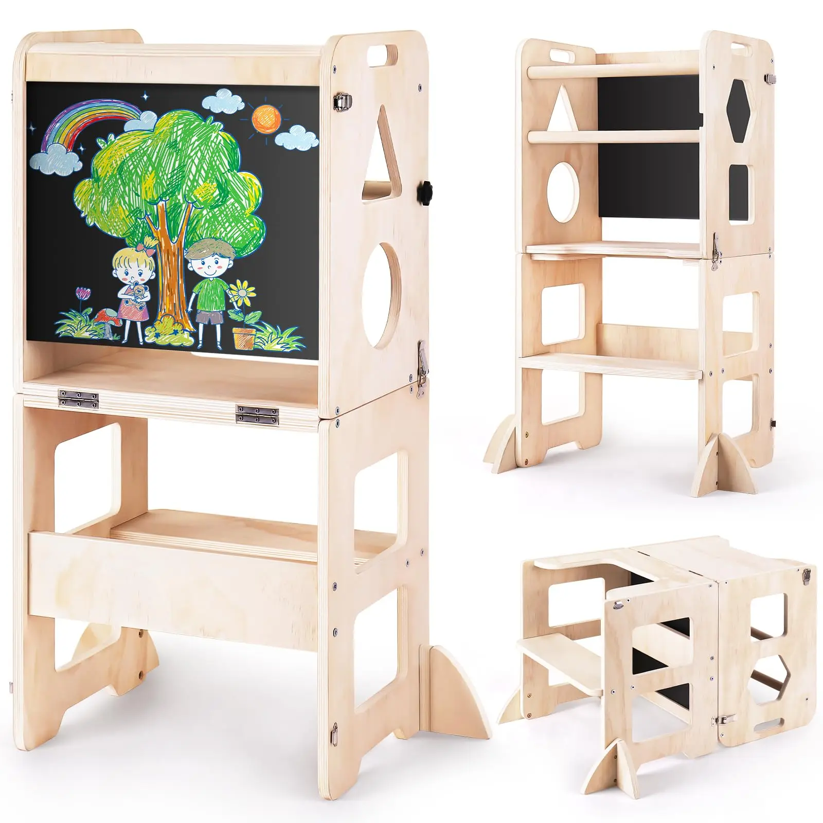 

4 in 1 Montessori Toddler Kitchen Helper Stool Safety Learning Tower Foldable for 1-6 Year Old Boy Girl Gifts