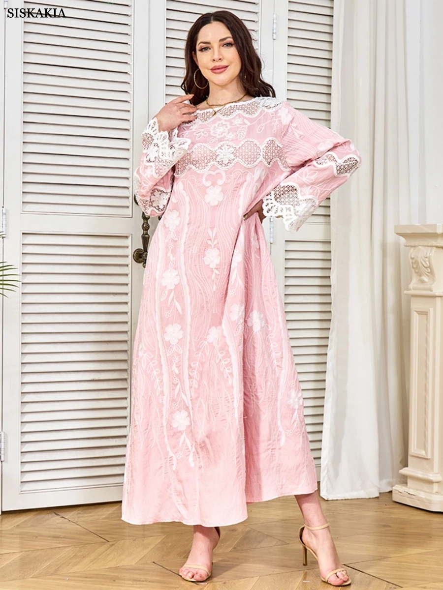 Siskakia Moroccan Kaftan Dress Elegant Casual Mesh Sleeve Jacquard Dresses For Women Gala