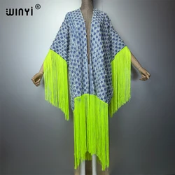 WINYI Denim tassel coat beach cover-up summer outfits for women Elegant fashion Cardigan sexy Holiday print maxi dress