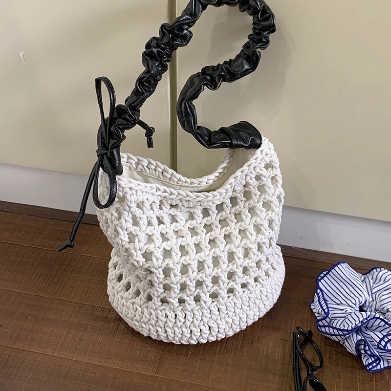 

Large Summer Beach Bag For Women Mesh Rope Knitting Shoulder Bags Reticulate Hollow Travel Shopper Totes Ladies Fashion Handbag