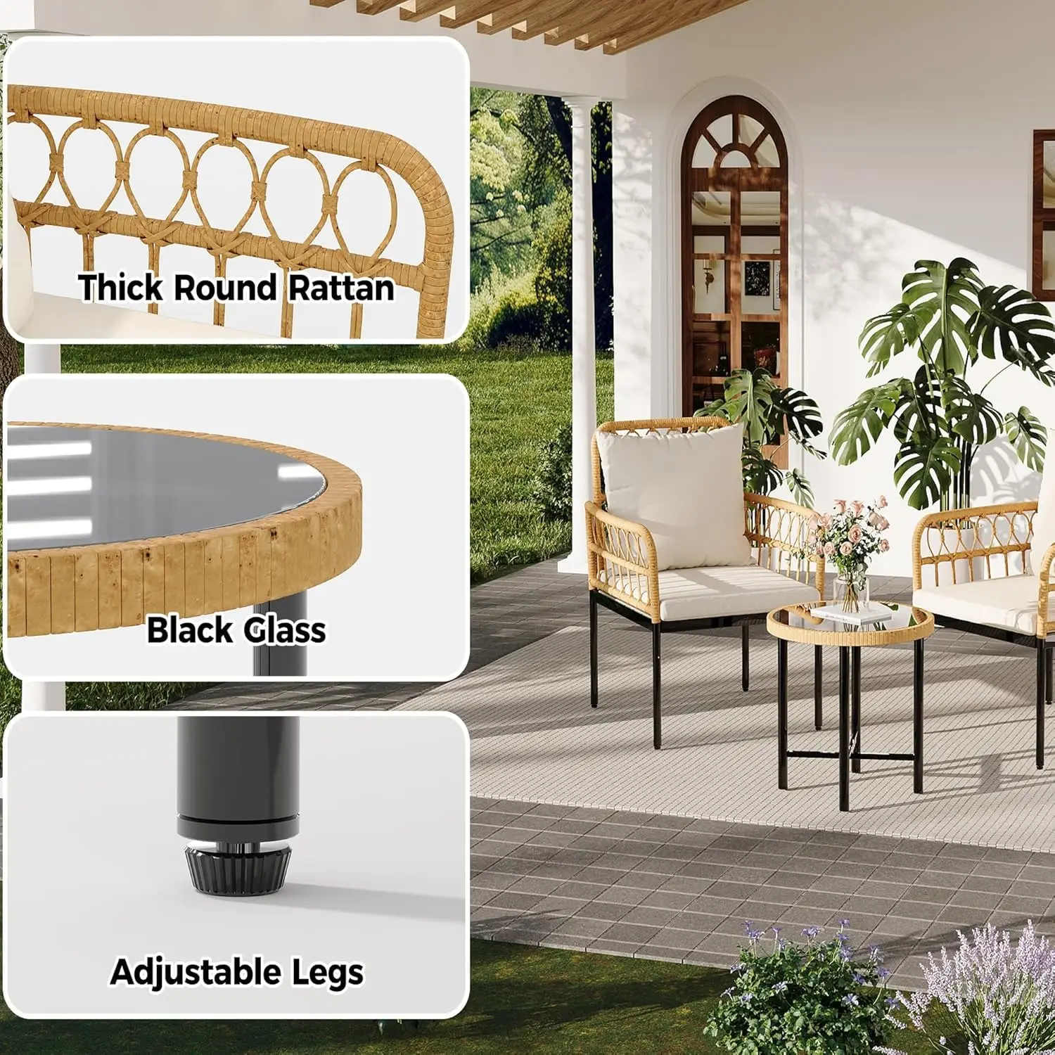 طقم أثاث فناء بيسترو من الخيزران مناسب لجميع الأحوال الجوية مكون من 3 قطع مع طاولة زجاجية ووسائد سميكة، بيج - مثالي للشرفة والجار