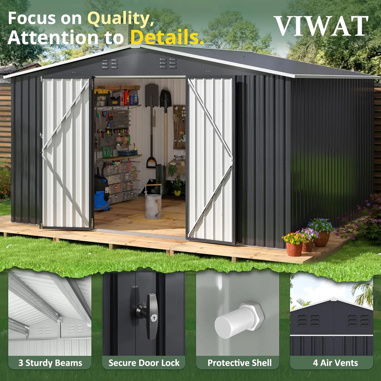 10x12 Outdoor Storage Shed Garden Shed with Updated Frame Structure and Lockable Doors Metal Tool Sheds